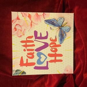 Faith Love Hope upcycled sign with decorative beaded butterfly